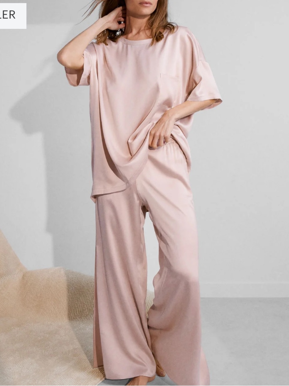 Lunya Silk Pajama Set Wide Leg Split Leg Oversized Top Delicate Pink